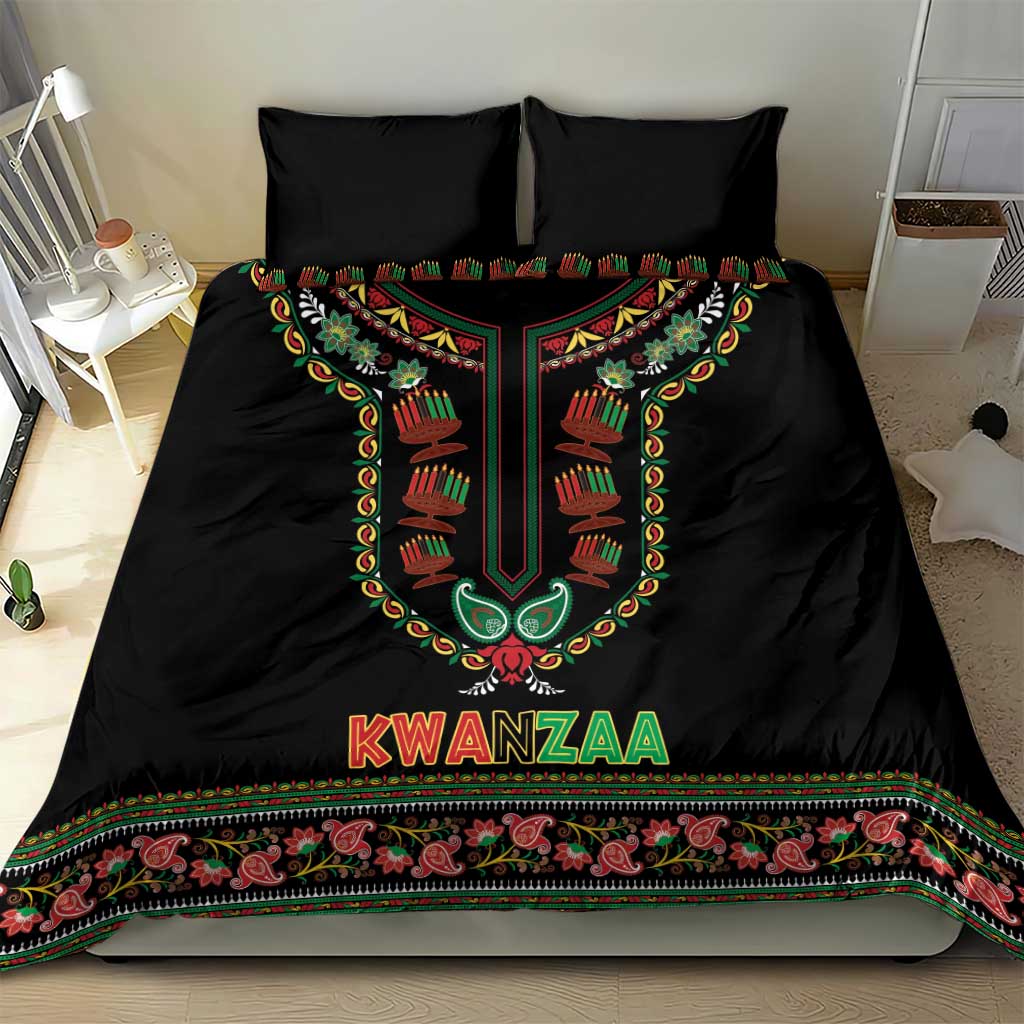 Black Kwanzaa duvet set with two pillows featuring colorful dashiki border and “KWANZAA” lettering