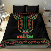Black Kwanzaa duvet set with two pillows featuring colorful dashiki border and “KWANZAA” lettering