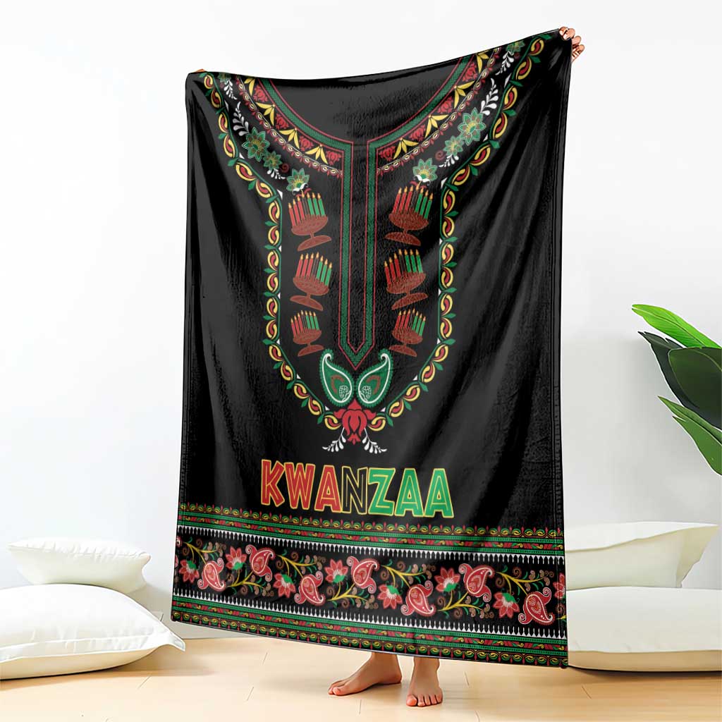 Black Kwanzaa dashiki blanket featuring a central medallion and bold trim