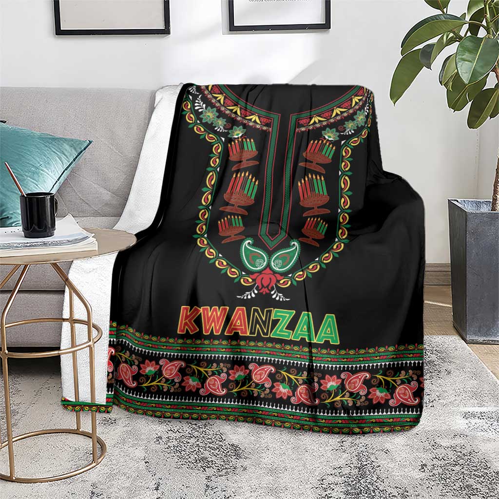 Black Kwanzaa dashiki blanket with vivid medallion and paisley-style striping