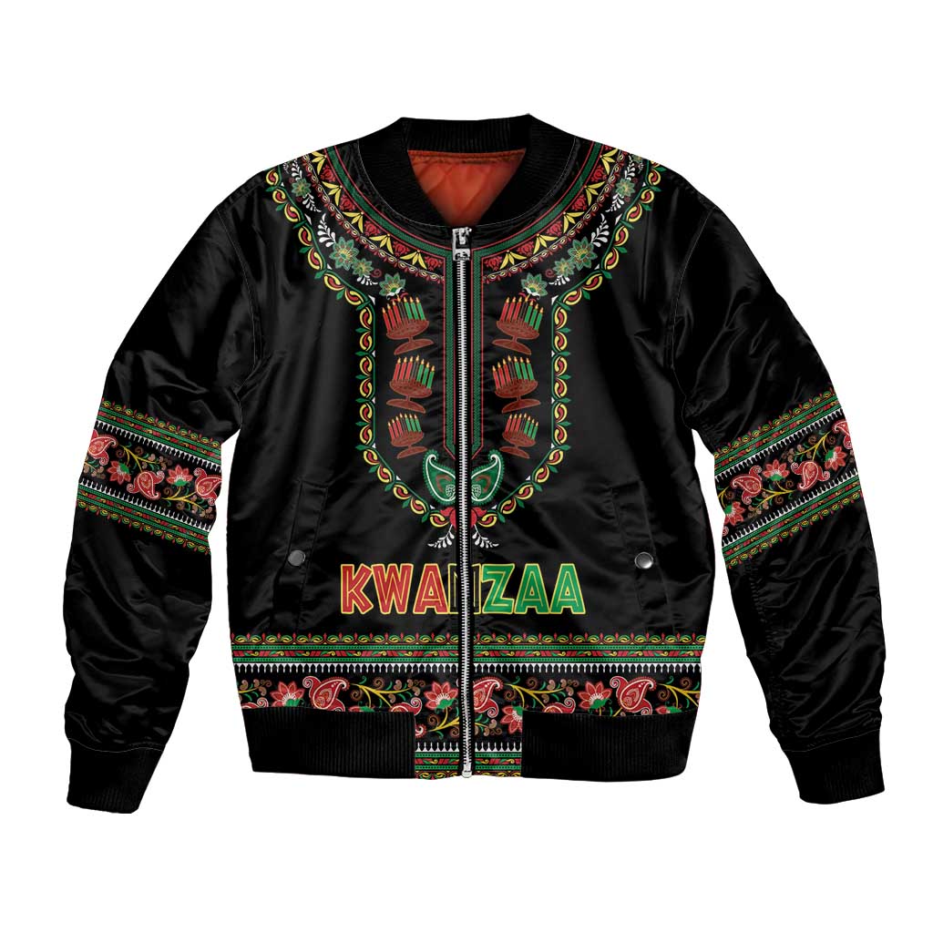 Black bomber jacket with Kwanzaa dashiki trim, zip front, colorful border pattern