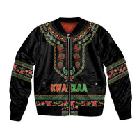 Black bomber jacket with Kwanzaa dashiki trim, zip front, colorful border pattern