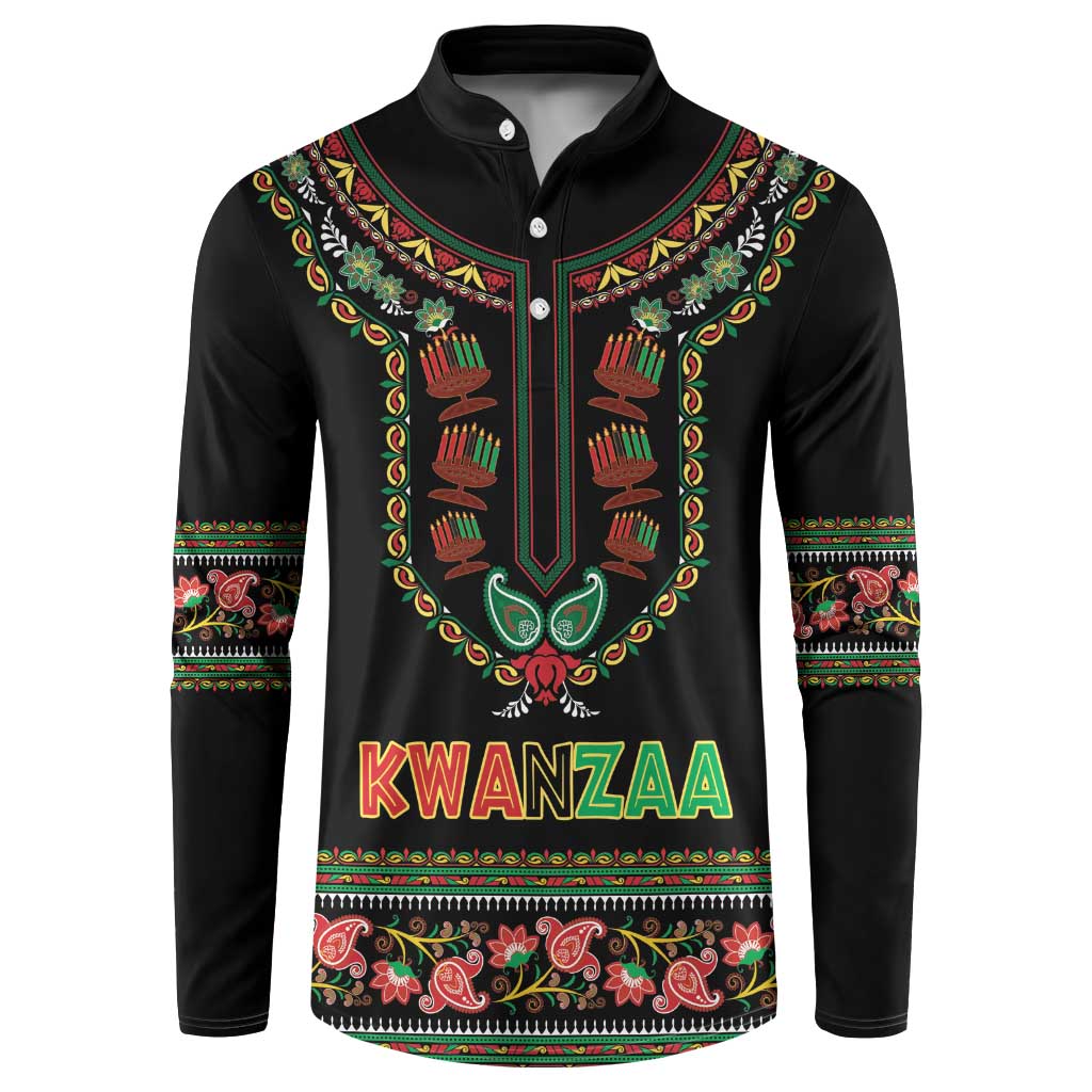 Black long-sleeve henley sweatshirt with button placket, dashiki Kwanzaa print, KWANZAA