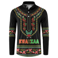 Black long-sleeve henley sweatshirt with button placket, dashiki Kwanzaa print, KWANZAA