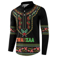 Black long-sleeve henley sweatshirt with button placket, Kwanzaa dashiki print, KWANZAA