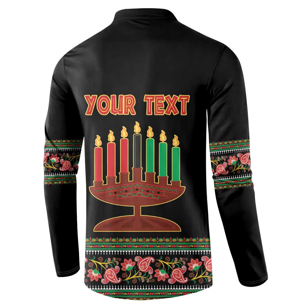 Black long-sleeve henley sweatshirt back with Kwanzaa candles graphic and YOUR TEXT