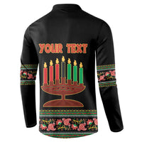 Black long-sleeve henley sweatshirt back with Kwanzaa candles graphic and YOUR TEXT