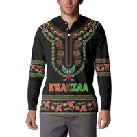 Black long-sleeve button henley sweatshirt with Kwanzaa dashiki print and KWANZAA