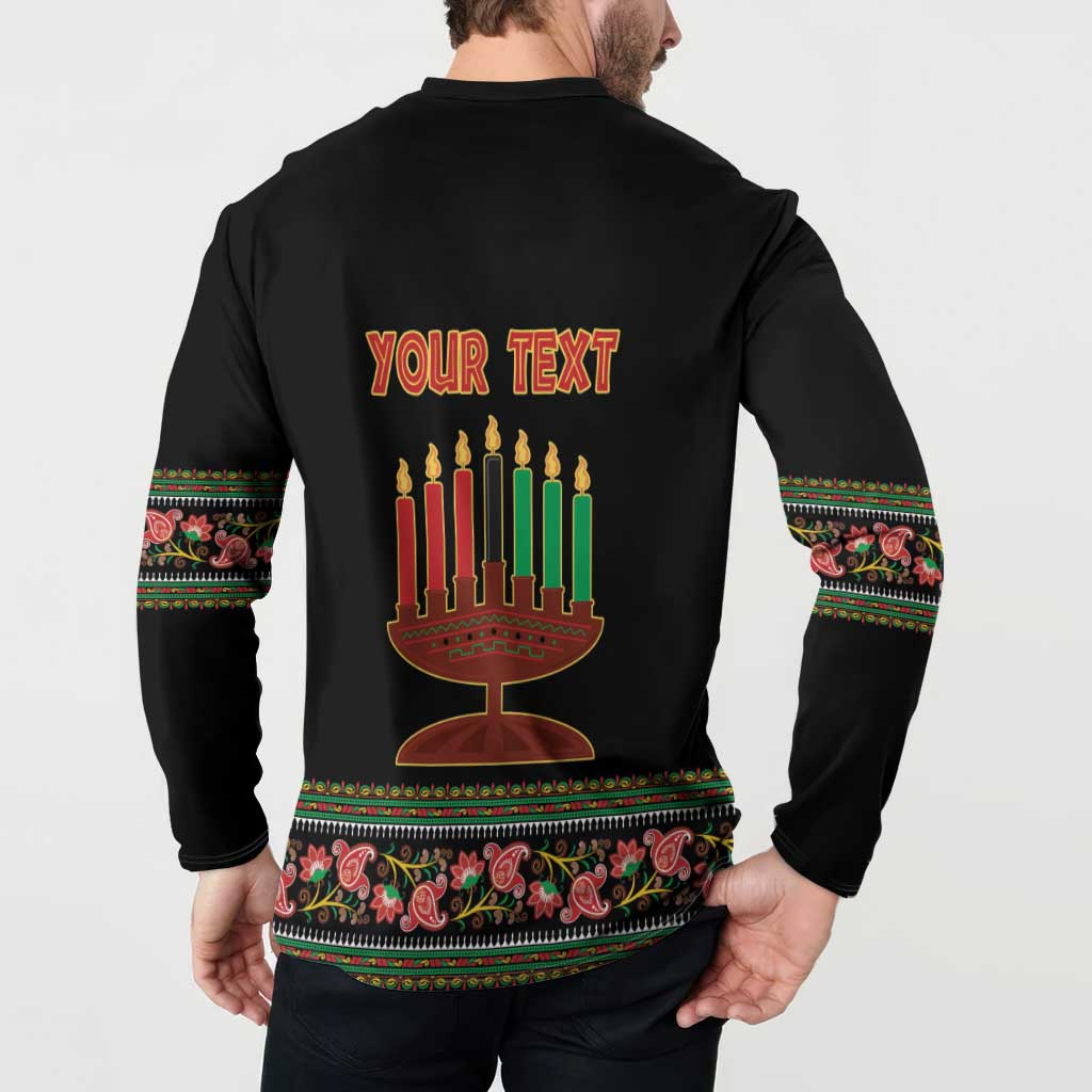 Black long-sleeve henley sweatshirt back with Kwanzaa candles graphic and YOUR TEXT