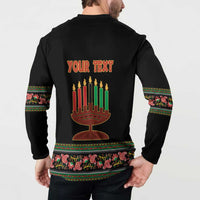 Black long-sleeve henley sweatshirt back with Kwanzaa candles graphic and YOUR TEXT
