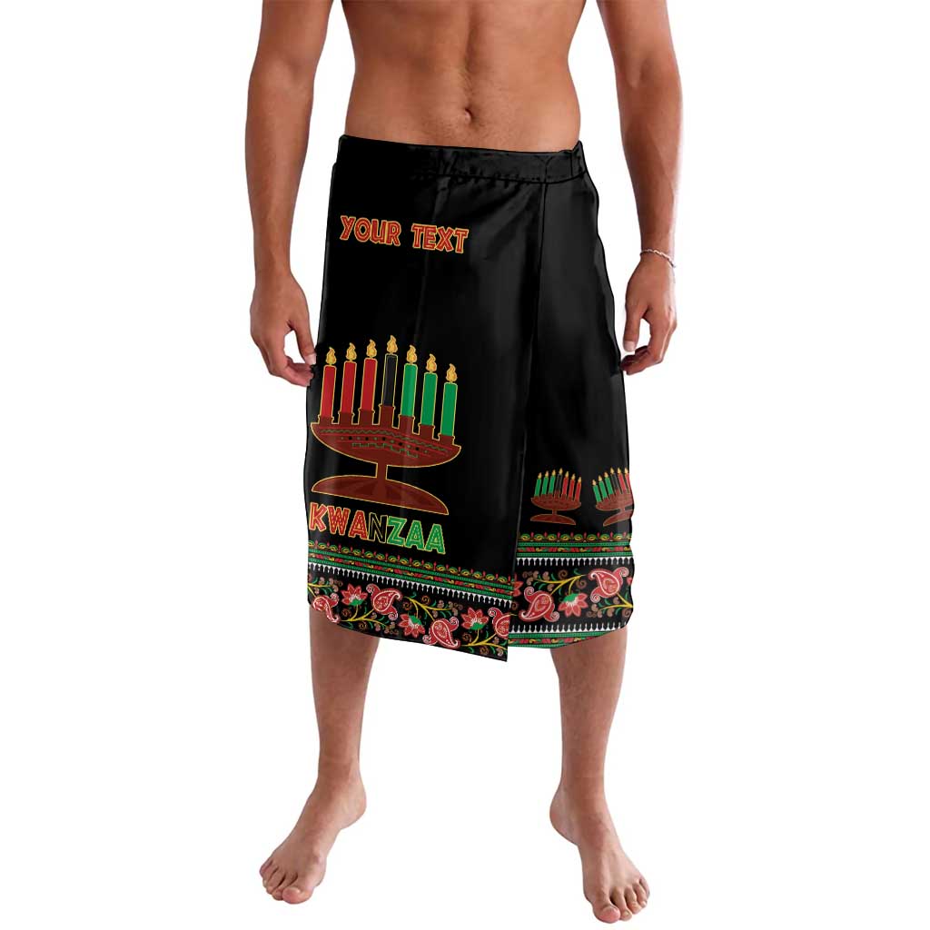 Black Kwanzaa-themed drawstring shorts with colorful candle and “Kwanzaa” graphic
