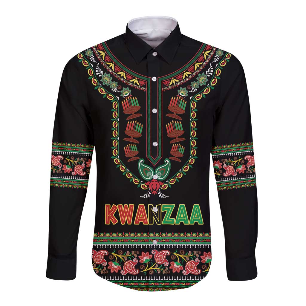 Black long sleeve button shirt with Kwanzaa dashiki paisley pattern and Kwanzaa text