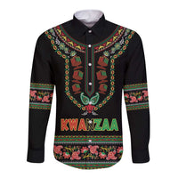 Black long sleeve button shirt with Kwanzaa dashiki paisley pattern and Kwanzaa text