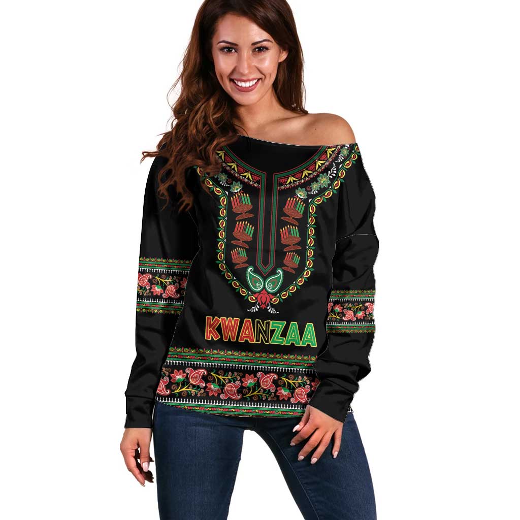 Personalized African-American Kwanzaa Off Shoulder Sweater Dashiki Mix Paisley Pattern - Wonder Print Shop