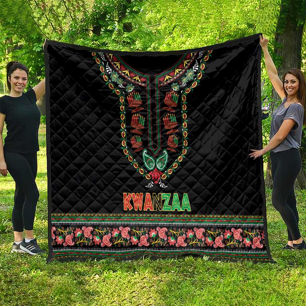 Black Kwanzaa quilt with arched dashiki design, multicolor trim, and KWANZAA text