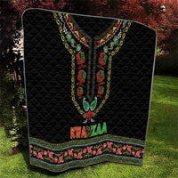 Black quilt with central dashiki motif, KWANZAA lettering, and decorative floral hem