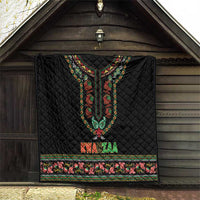 Black Kwanzaa quilt hanging indoors with dashiki center art and floral trim