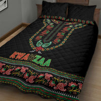 Black quilted comforter with large Kwanzaa medallion, dashiki artwork, and paisley edge