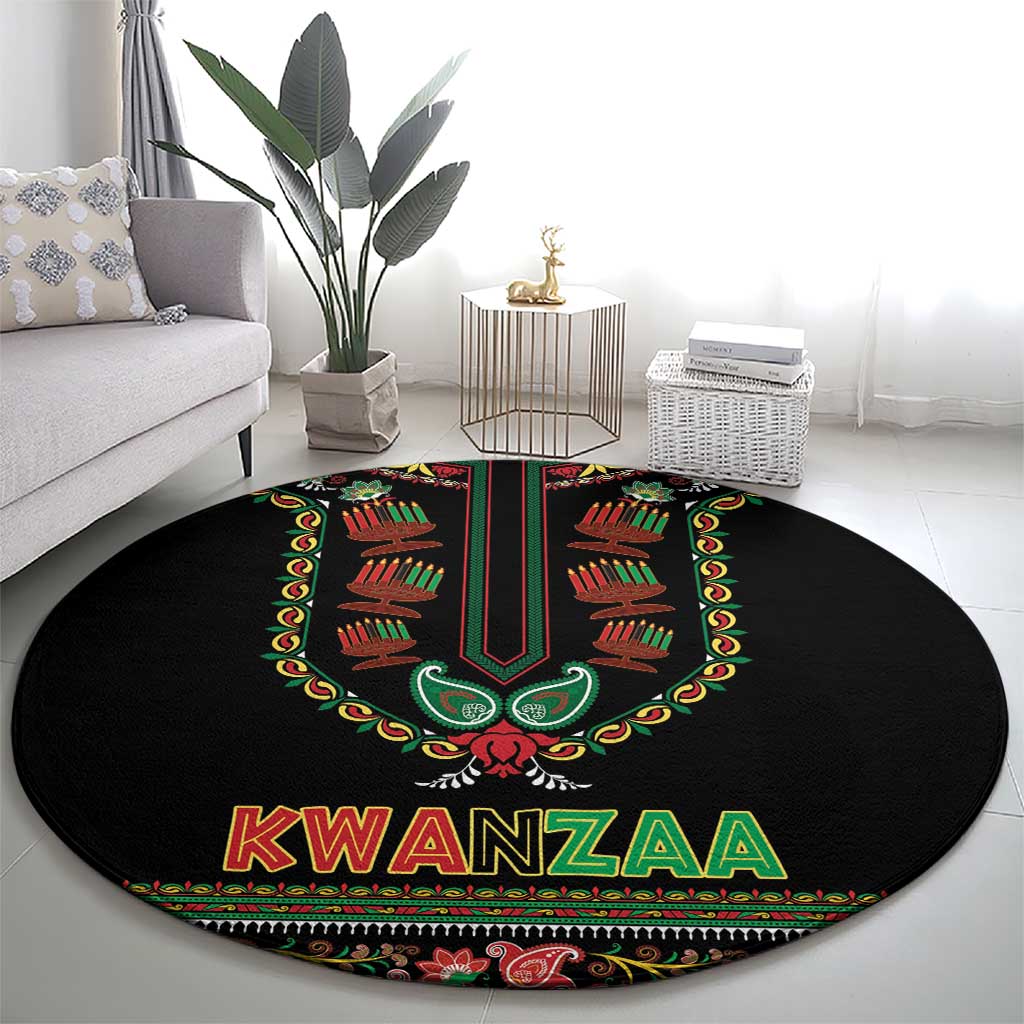 Black round Kwanzaa carpet with symmetrical dashiki-style border and KWANZAA lettering