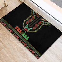 Black rubber doormat with central Kwanzaa candle design, green ornaments, and red "KWANZAA"