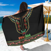 Black Kwanzaa sarong with colorful panel and bold “KWANZAA” text border