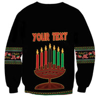 Black crewneck sweatshirt back with YOUR TEXT and candle menorah design