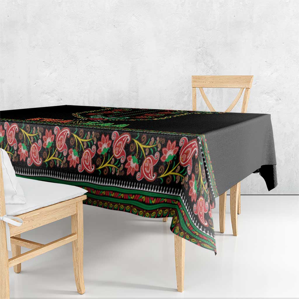 Black tablecloth edge with multicolor paisley stripe border and decorative motifs