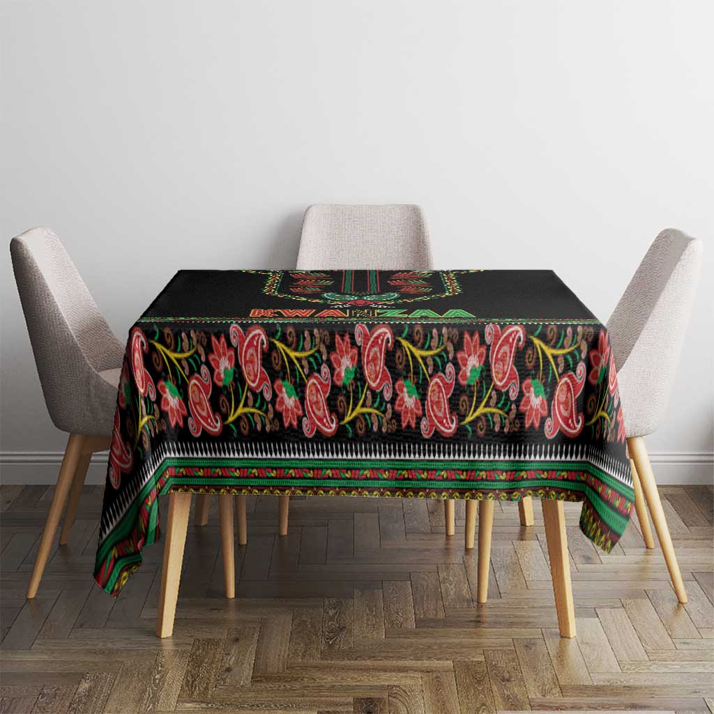 Black square tablecloth with multicolor paisley border and central vertical panel