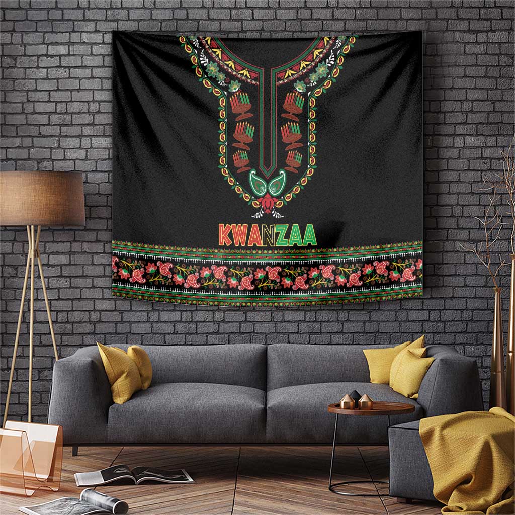 Black Kwanzaa tapestry with dashiki-style neck ornament and colorful border, 'KWANZAA' text