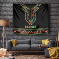Black Kwanzaa tapestry with dashiki-style neck ornament and colorful border, 'KWANZAA' text