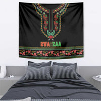 Black Kwanzaa wall tapestry with 'KWANZAA' lettering and floral patterned bottom border