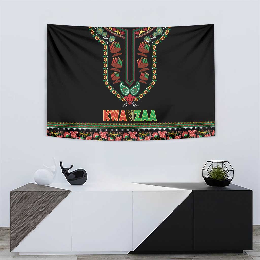 Black Kwanzaa tapestry featuring dashiki neckline motif, 'KWANZAA' in red, ornate border