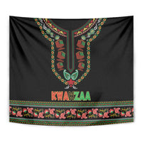 Black Kwanzaa tapestry close view of colorful dashiki neckline motif and 'KWANZAA' line