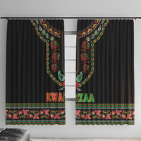 Black window curtain panels with colorful dashiki-style arch and KWANZAA lettering trim