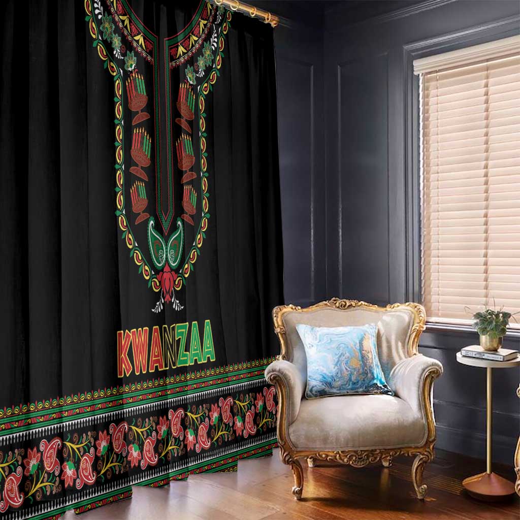 Black window curtain panels with colorful paisley bands and KWANZAA text