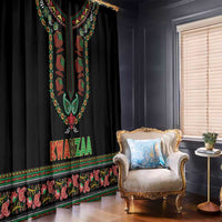 Black window curtain panels with colorful paisley bands and KWANZAA text