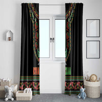 Black window curtain panels featuring colorful dashiki-style motifs and KWANZAA trim