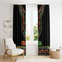 Black window curtain panels with colorful vertical arch design and decorative bottom band