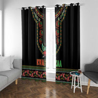 Black window curtain panels with colorful paisley center panel and floral border