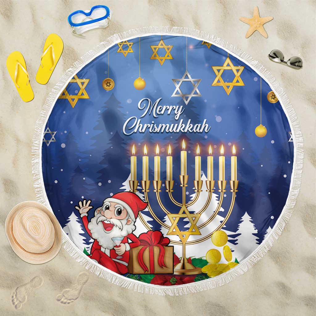 Round blue beach blanket with white fringe, menorah candles, stars and Santa graphic.