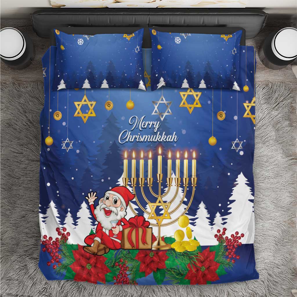 Blue Merry Chrismukkah bedding set with menorah, candles, Christmas elf and two pillowcases