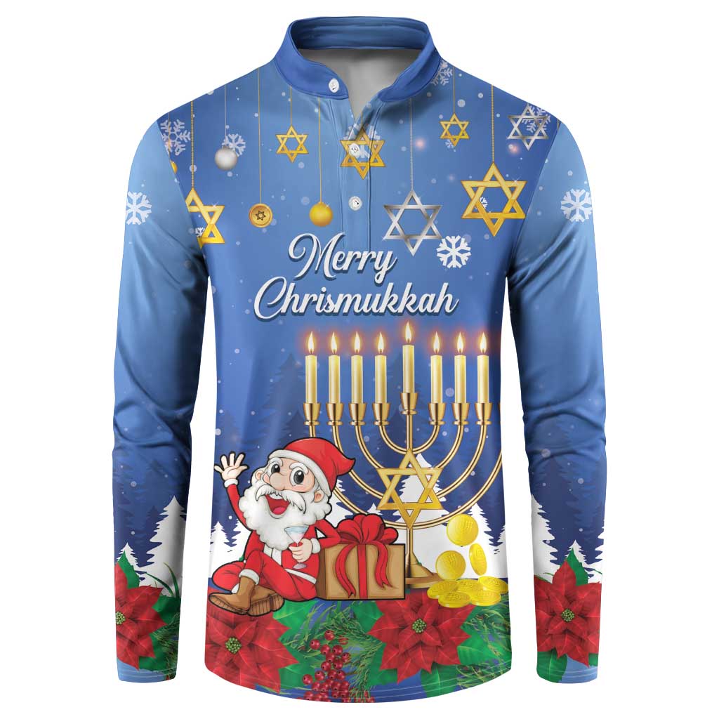 Blue button henley sweatshirt with Merry Chrismukkah print, menorah candles and stars