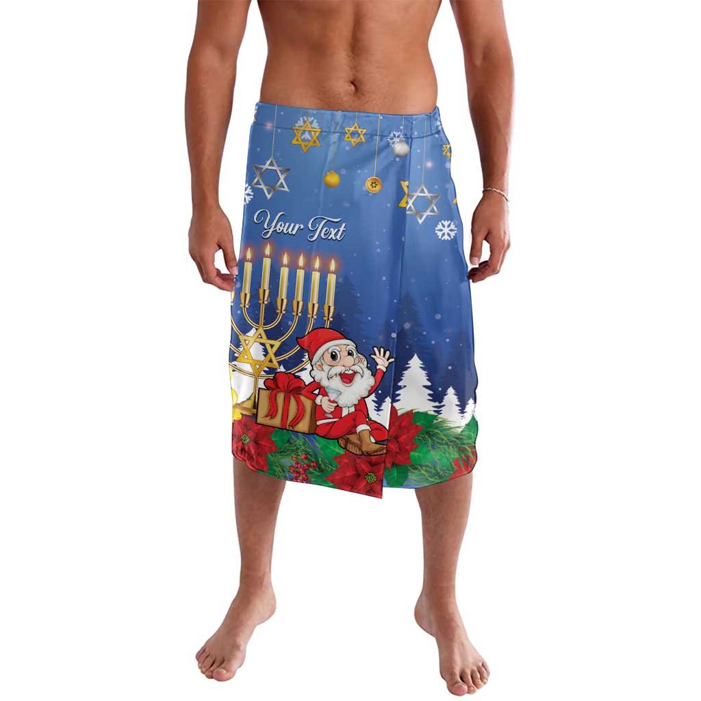 Blue personalized lavalava-style shorts with elastic waistband, 'Your Text' and menorah print