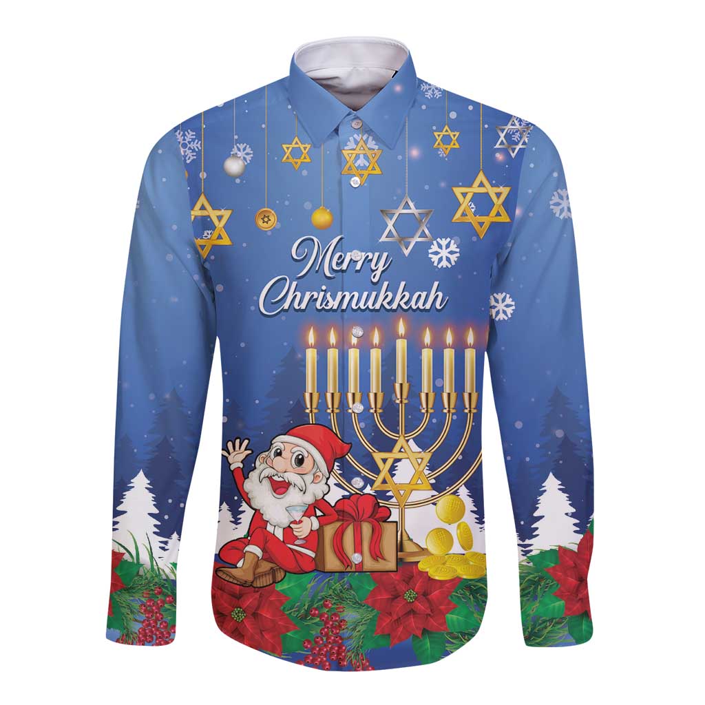 Blue long-sleeve button shirt with menorah, candles and Santa graphic