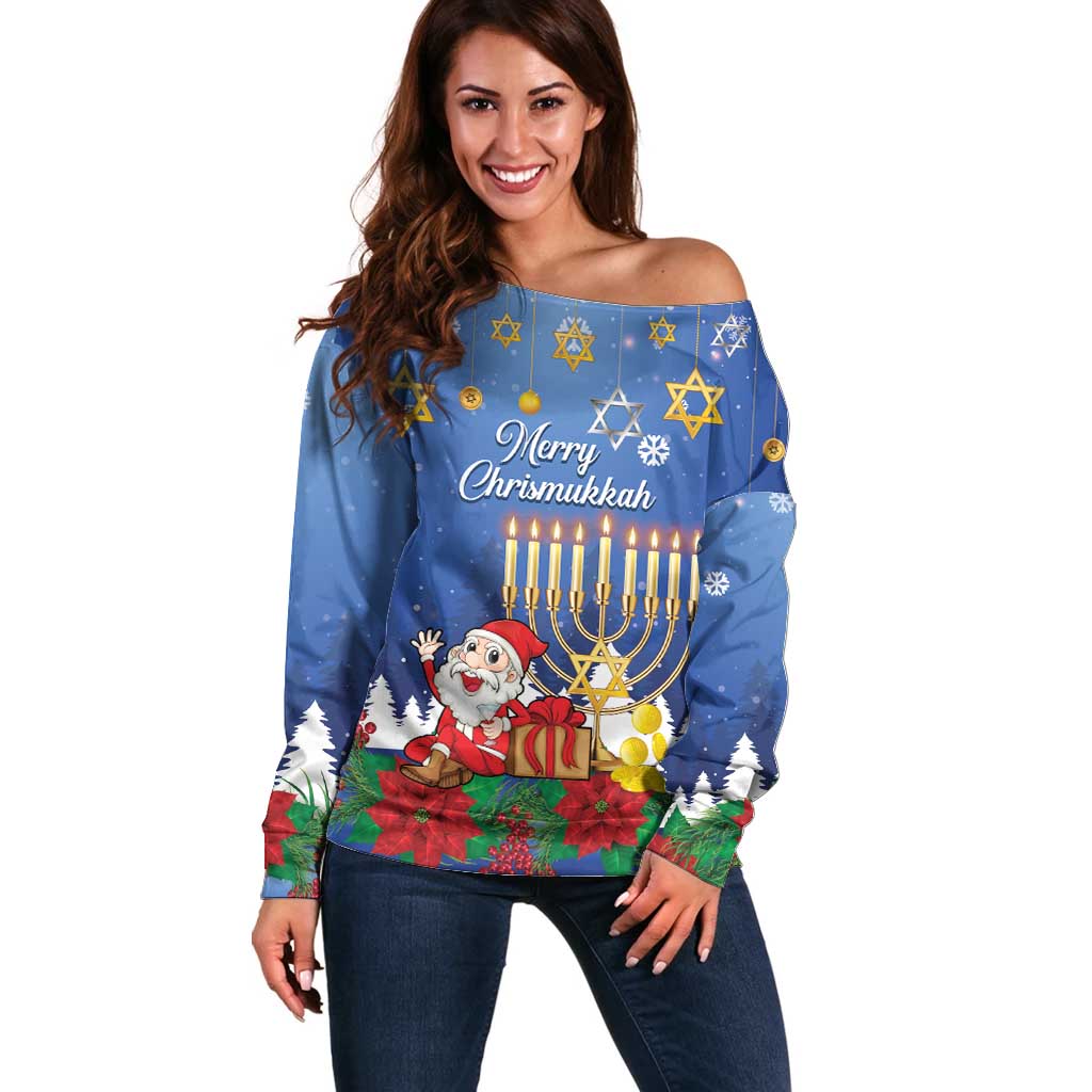 Personalised Merry Chrismukkah Off Shoulder Sweater Hanukkah Memorah Mix Poinsettia - Wonder Print Shop