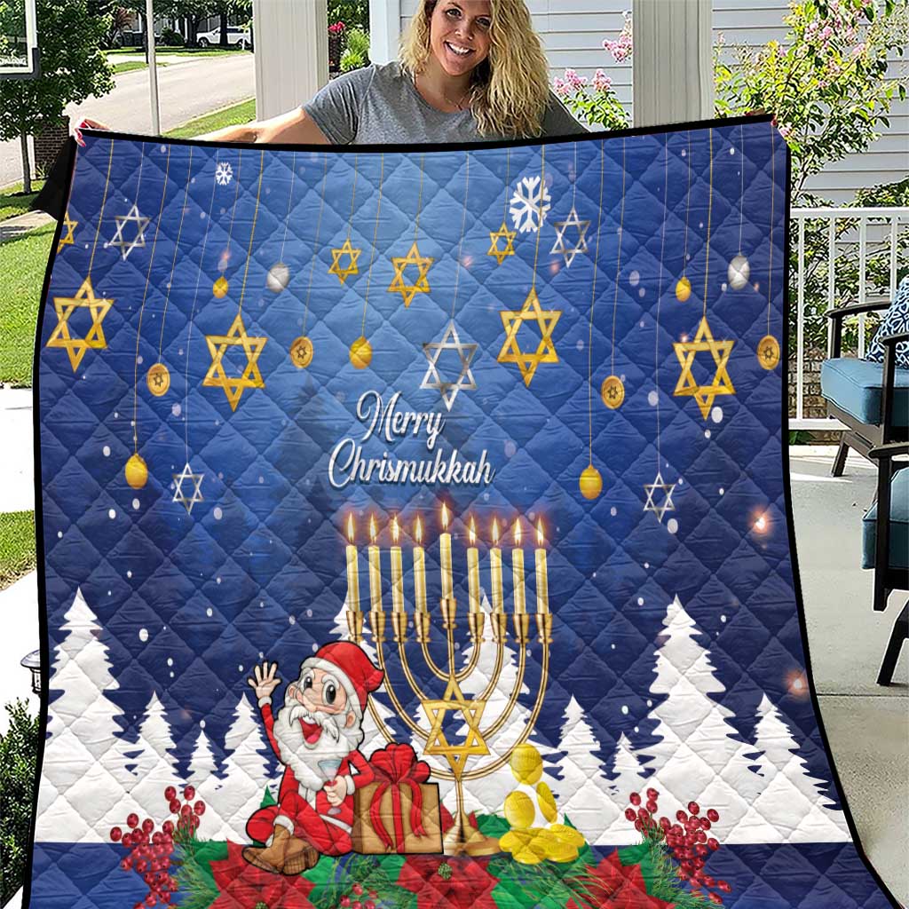 Blue Chrismukkah quilt with golden Star of David pattern, menorah and Santa print