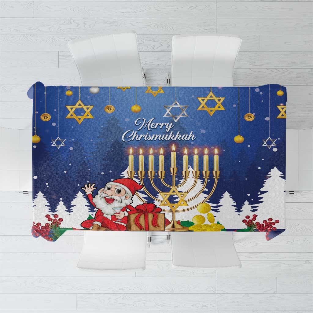 Blue Chrismukkah tablecloth with menorah, stars, snow trees, and Merry Chrismukkah text