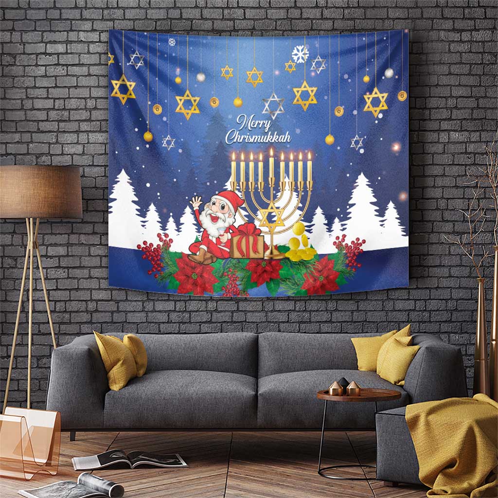 Blue Chrismukkah tapestry with menorah, cartoon santa, snow, pine trees, Star of David