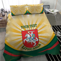Lithuania flag bedding set on bed with coat of arms emblem, “YOUR TEXT” and two pillows