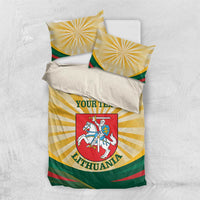 Lithuania flag bedding set flat lay: yellow rays, green-red bands, coat of arms, two pillows
